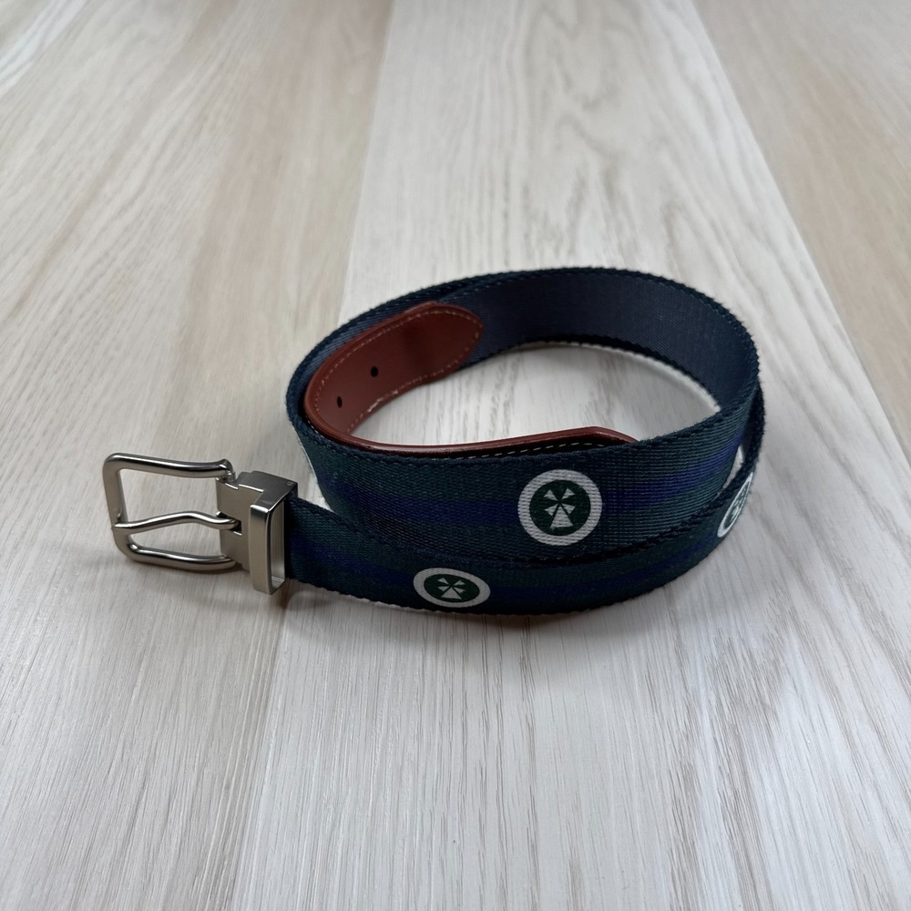 Peter Millar Mens Green Blue Striped Logo Adjustable Silver Buckle Belt